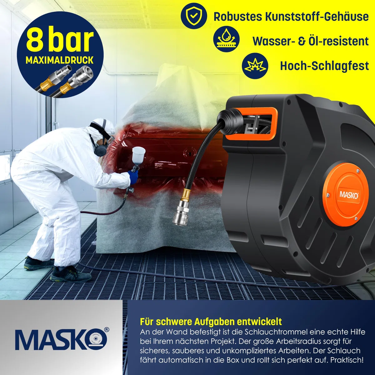 MASKO® Avvolgitore per tubo ad aria compressa automatico Attacco 1/4 - Avvolgitubo Portatubo a muro Avvolgitore per tubo Avvolgitore per tubo ad aria compressa, blu, 10m