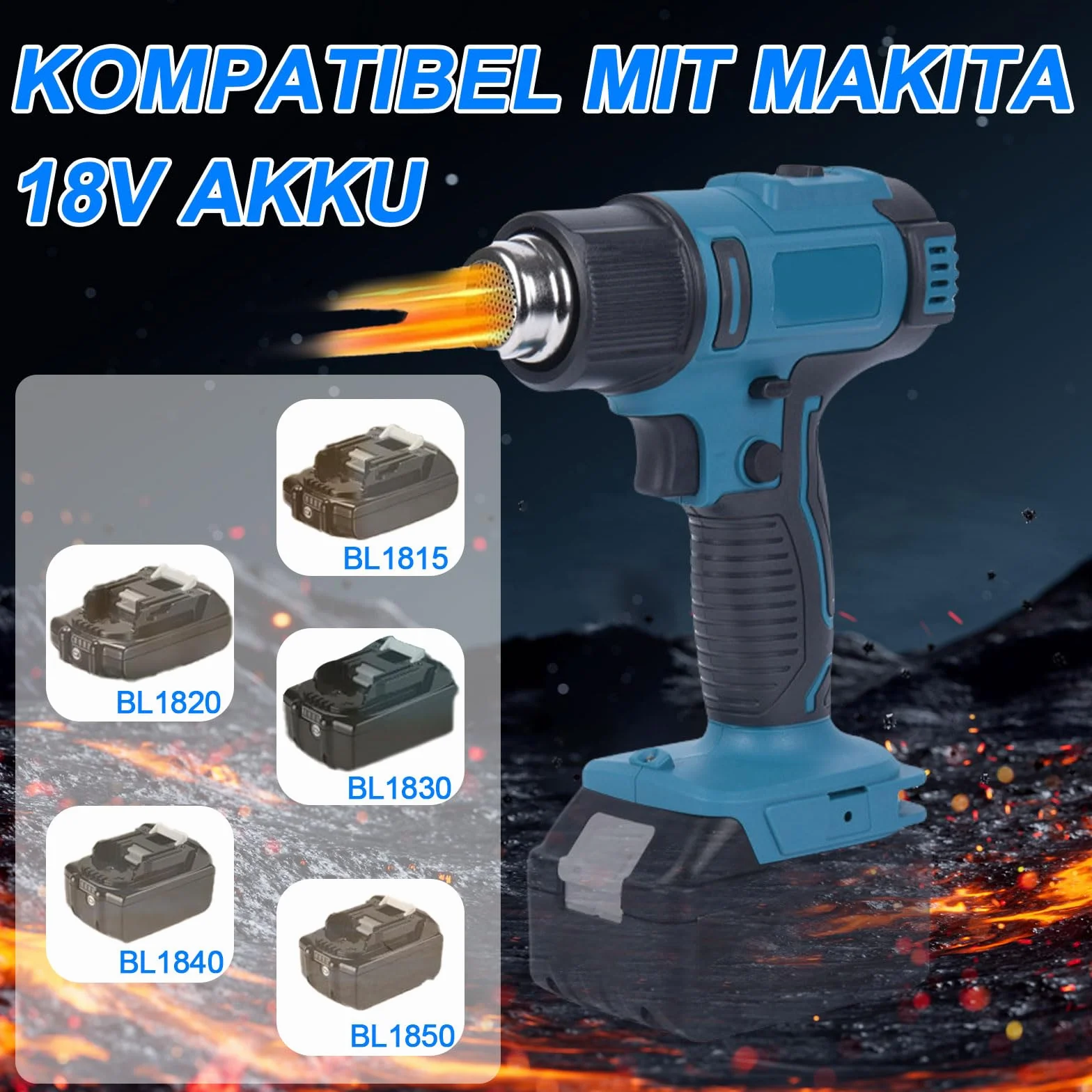 Pistola termica a batteria compatibile con batteria Makita da 18 V, con regolazione del volume d'aria a 2 livelli, temperatura fino a 550 °C e 7 ugelli per saldatura, piegatura di tubi (senza batterie