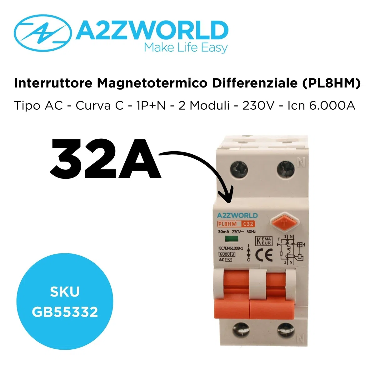 Interruttore Magnetotermico Differenziale Con Riarmo Automatico, RCBO Tipo AC Curva C, Idn 30mA / 0.03A, In 25A, 1P+N 6kA, 3 Moduli, con 3 Tentativi di Riarmo (10s/60s/300s)