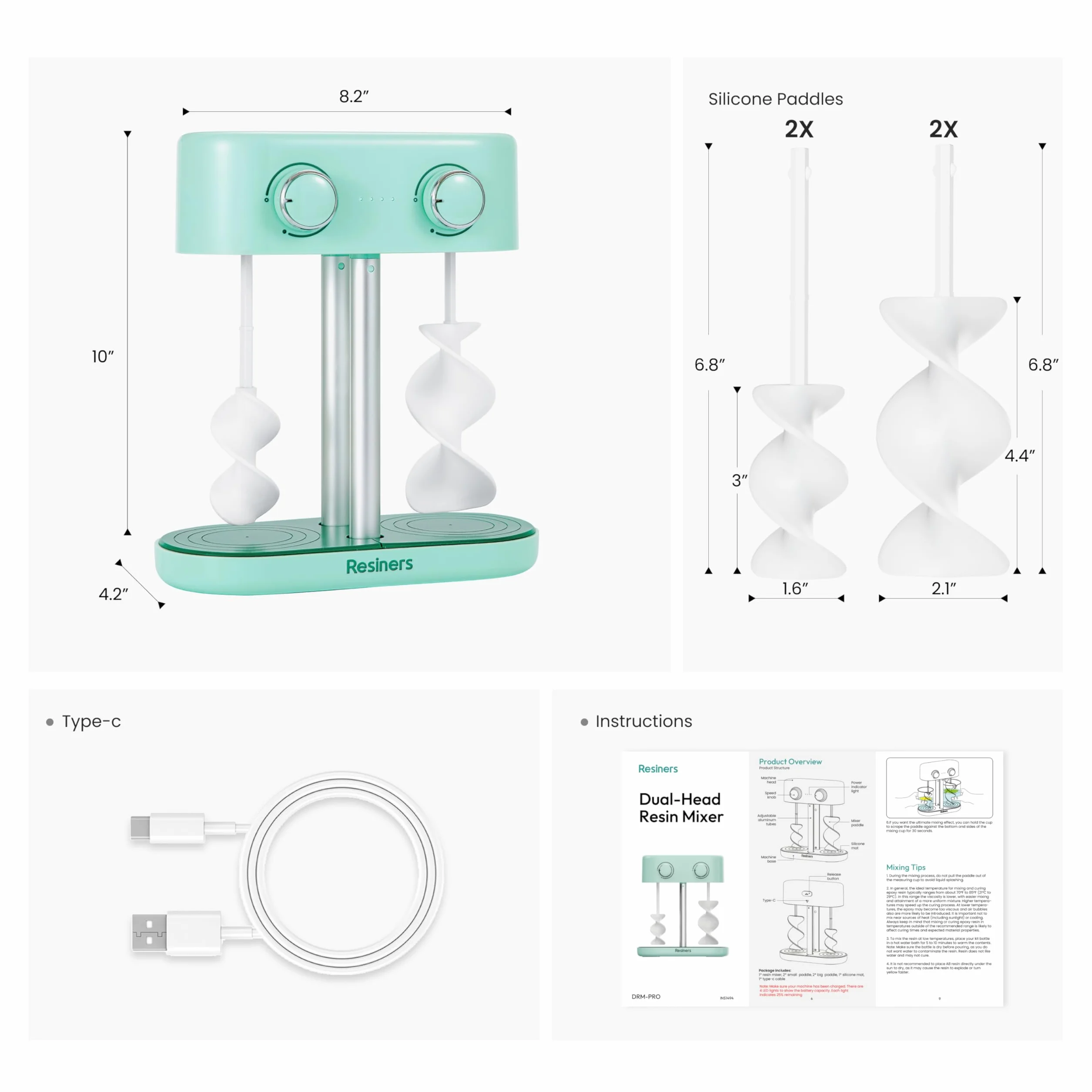Resiners Miscelatore di Resina a Doppia Testa, Miscelatore di Epossidica Ricaricabile, velocità Continuamente Variabile e Minime Bolle, Palette Elettriche a Spirale in Silicone per Miscelazione