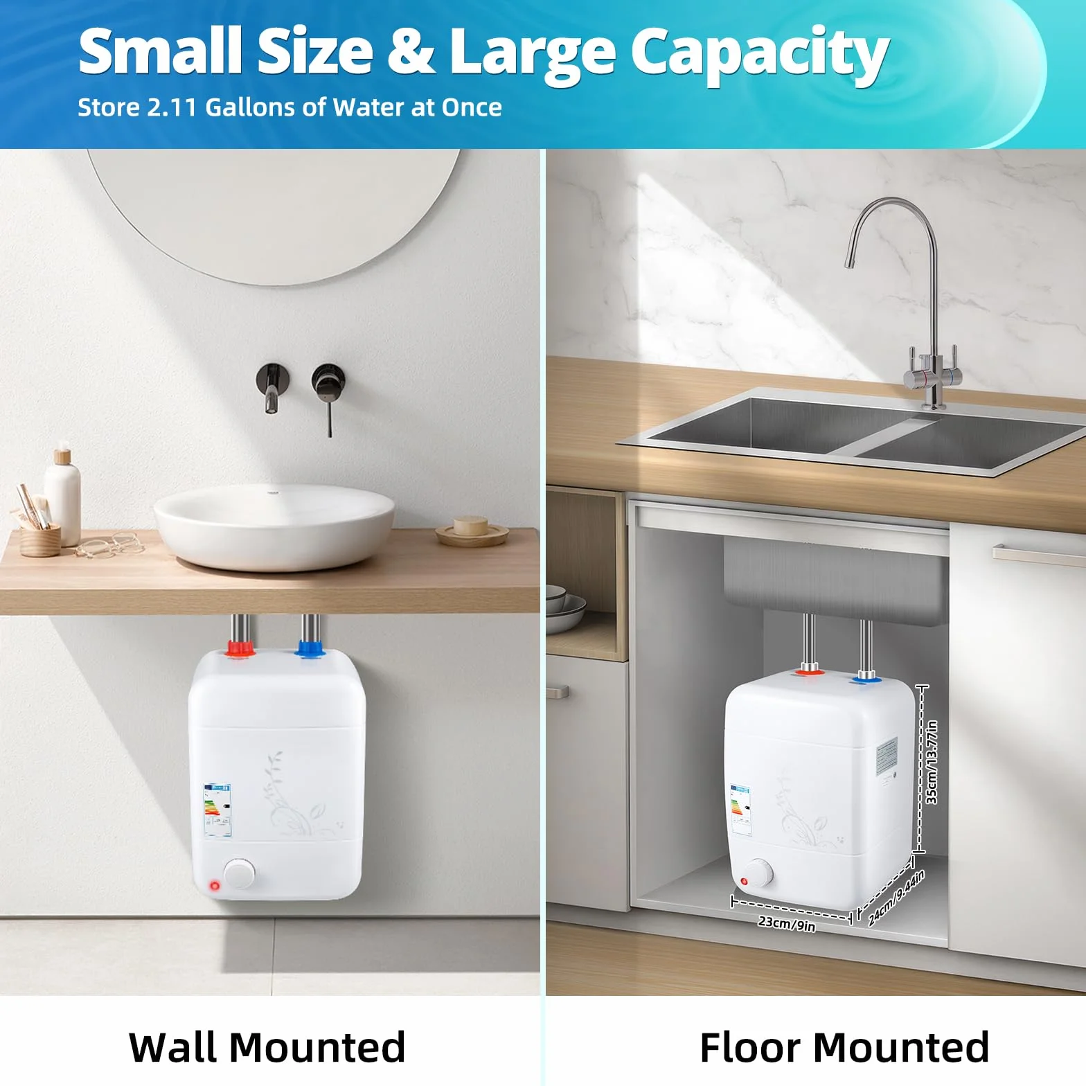 MINRS 8 l, piccolo serbatoio per acqua calda resistente alla pressione, piccolo serbatoio da 1500 W, temperatura regolabile, funzione termostato per lavello da cucina, bagno [classe energetica B]