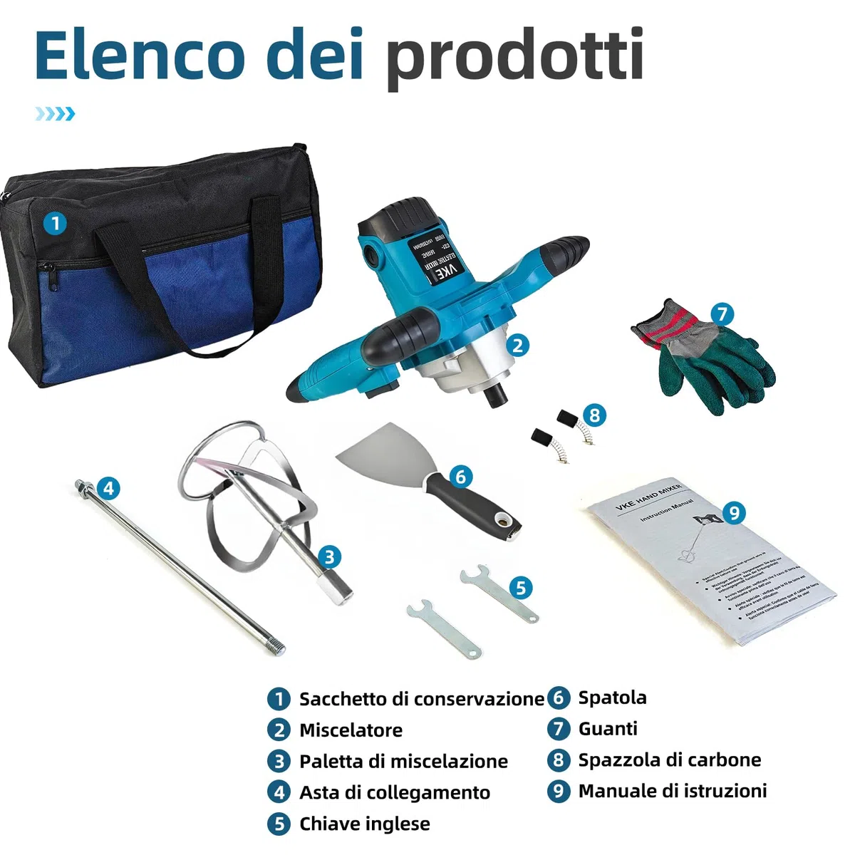 VKE Miscelatore Per Malta, Miscelatore Malta da 2400 W a 6 Velocità, Impastatore Edile Per Calcestruzzo Con Pulsante di Velocità Fissa, Betoniera Piccola Con Borsa Per Riporla, Miscelatore Cemento