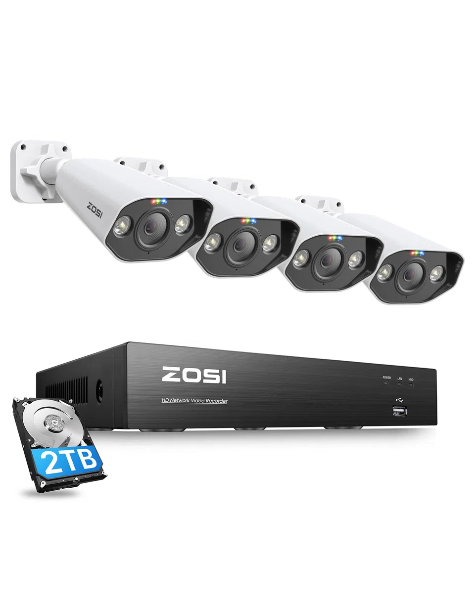 ZOSI 5MP Kit Videosorveglianza PoE Esterno, 8CH 4K NVR con 2TB HDD, 4x 5MP Telecamera PoE, AI Rilevamento di Persone e Veicoli, Audio Bidirezionale, Visione Notturna a Colori, C182