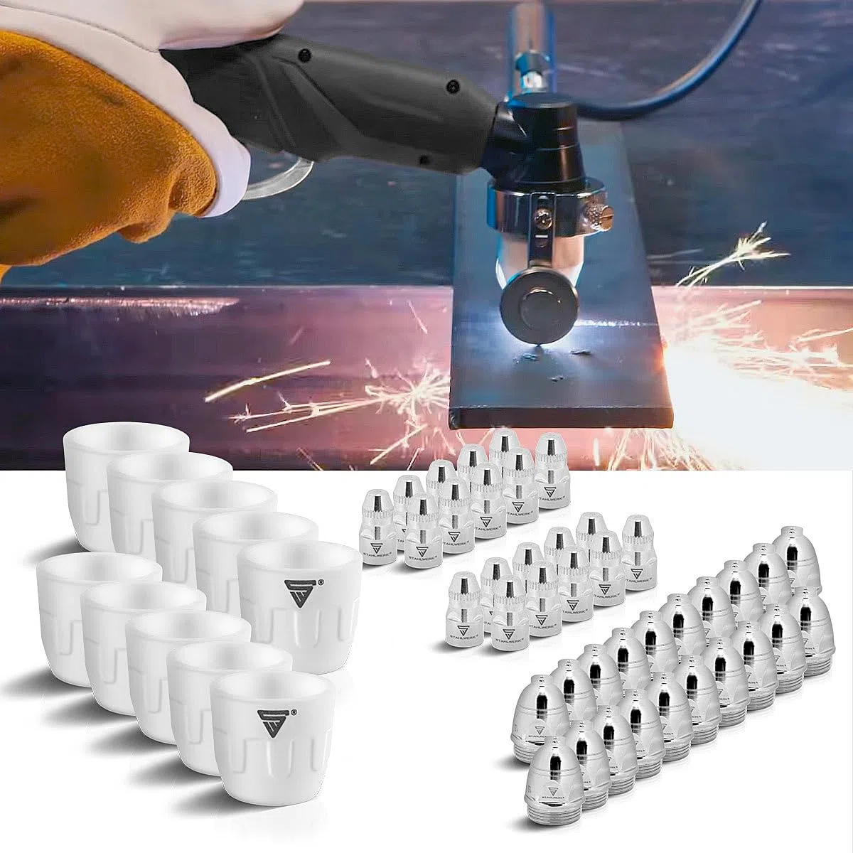 STAHLWERK P-80 Accessori per plasma Parti di usura, ugelli per plasma + elettrodi + cappucci in ceramica per torcia da taglio al plasma P-80 CUT, set 50 pezzi.