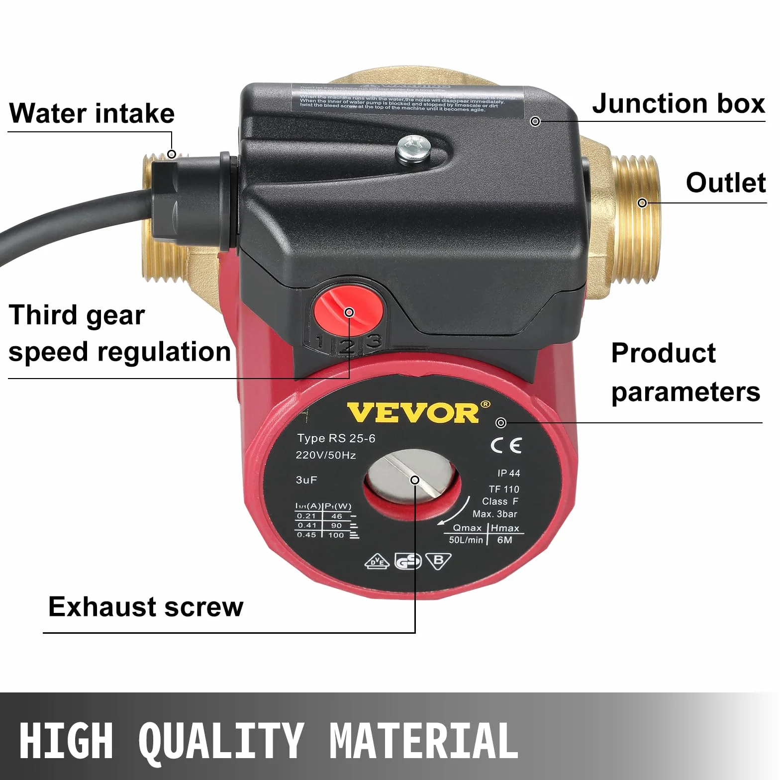 VEVOR Pompa di sovrapressione Silenziosa Pompa Acqua Soffiatore Domestico con Flusso Massimo 50 L/min Altezza 6 m Alloggiamento Pompa in Ghisa Testa di Pompa in Ottone per facilitare la circolazione