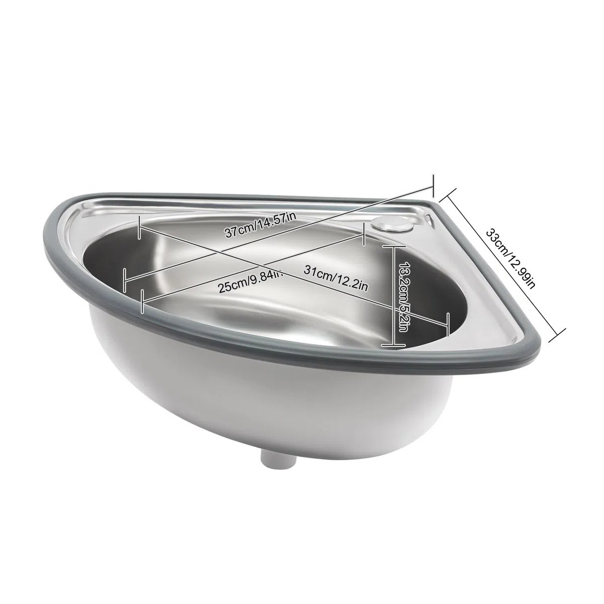 Lavabo angolare 44 x 37 x 13,2 cm, fino a 25 kg, triangolare, con tubo di scarico da 80 cm, per il montaggio a parete, in acciaio inox, piccolo lavello per bagno, cucina, garage