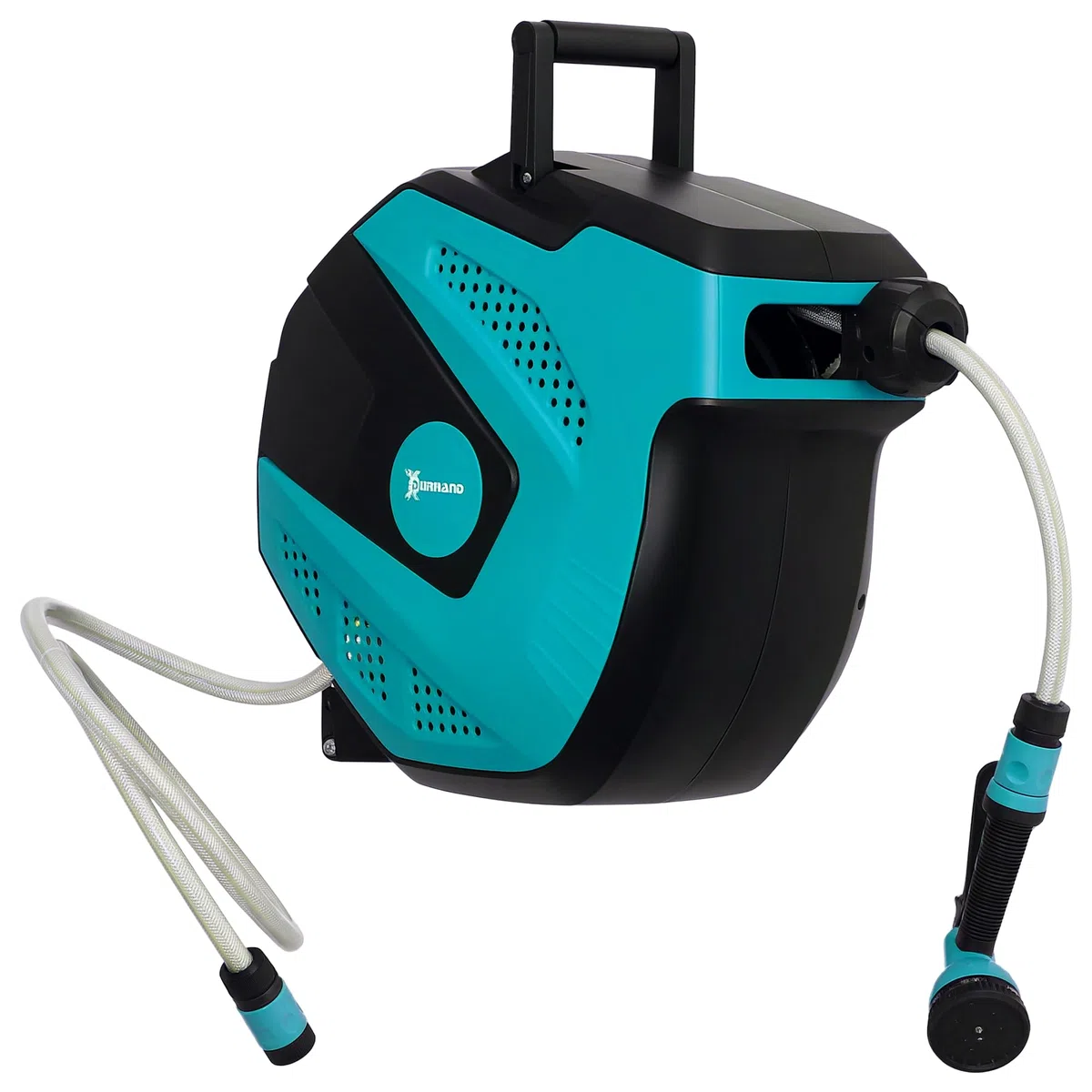 DURHAND Avvolgitubo da Giardino Retrattile con Tubo dell'Acqua 15m, Avvolgitubo da Parete Girevole a 180°, Avvolgitubo Automatico con 7 Modalità di Irrigazione e Kit di Montaggio, Nero e Verde