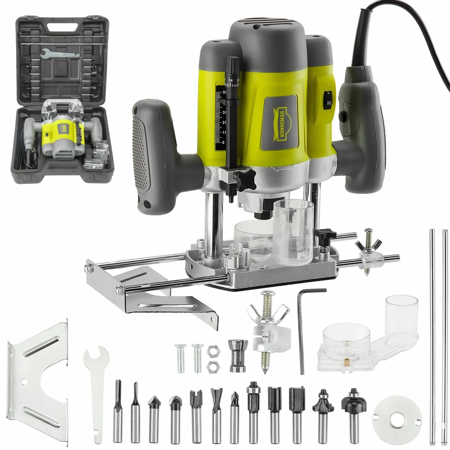 Fresatrice Verticale 1200 W per Legno con,16000-30000 RPM DEWINNER, Fresatrice per Legno Multifunzionale con Set di 12 frese,6 Velocità, Regolazione Della Profondità Della Fresa