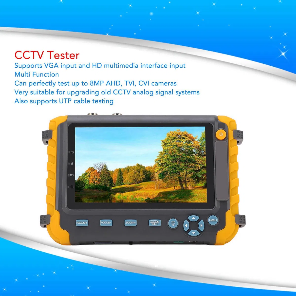 Focket Tester CCTV, Tester per Telecamera IP 5 Pollici 8 MP, Tester per Monitor Video Analogico Coassiale AHD TVI CVI con Test Cavo UTP Controllo PTZ Ingresso HDMI VGA Uscita DC12V (Spina UE)