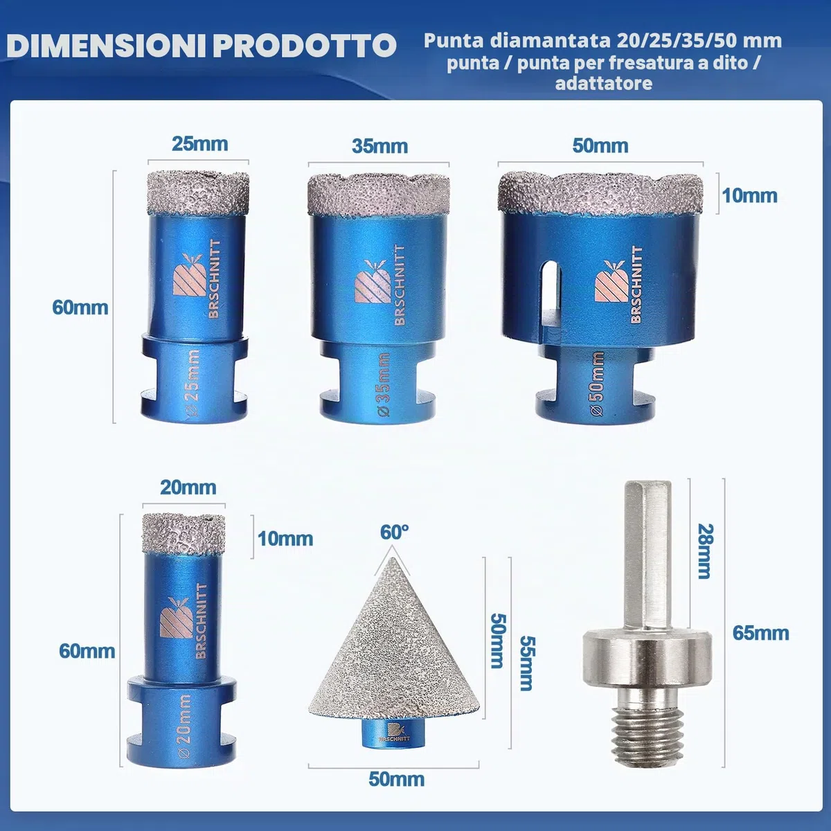 Punta per Trapano Diamantata Set - BRSCHNITT 20/25/35/50mm+50mm Fresa Diamantata M14 Filo per Porcellana Granito Piastrella Marmo Taglio a Secco&Adattatori
