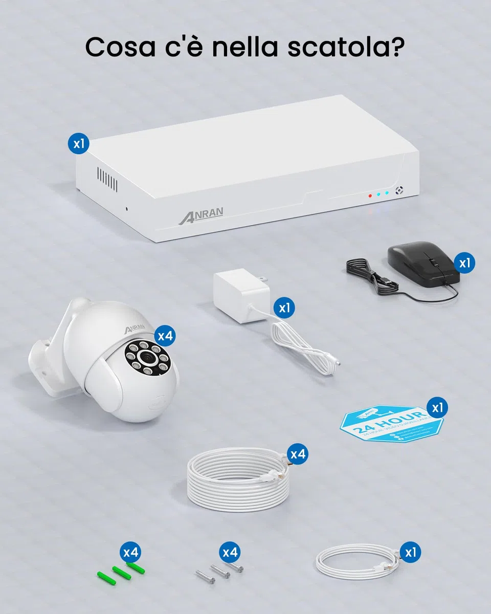 ANRAN 4K PoE Kit Videosorveglianza Esterno, NVR 8CH 2TB + 4x 8MP 360° PTZ Telecamere con Tracciamento Automatico, Rilevamento AI, Registrazione 24/7, Espandibile 10TB, Accesso Remoto, Sirena, IP67