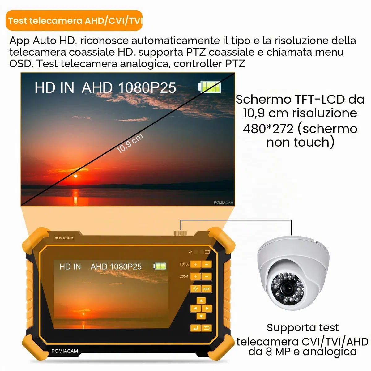 Monitor CCTV Tester HD-2900 4.3" TFT LCD 4K 8MP CVI, TVI, AHD, CVBS, video analogico, tester fotocassiale auto HD, batteria integrata 4000 mAh, potenza di uscita DC12V