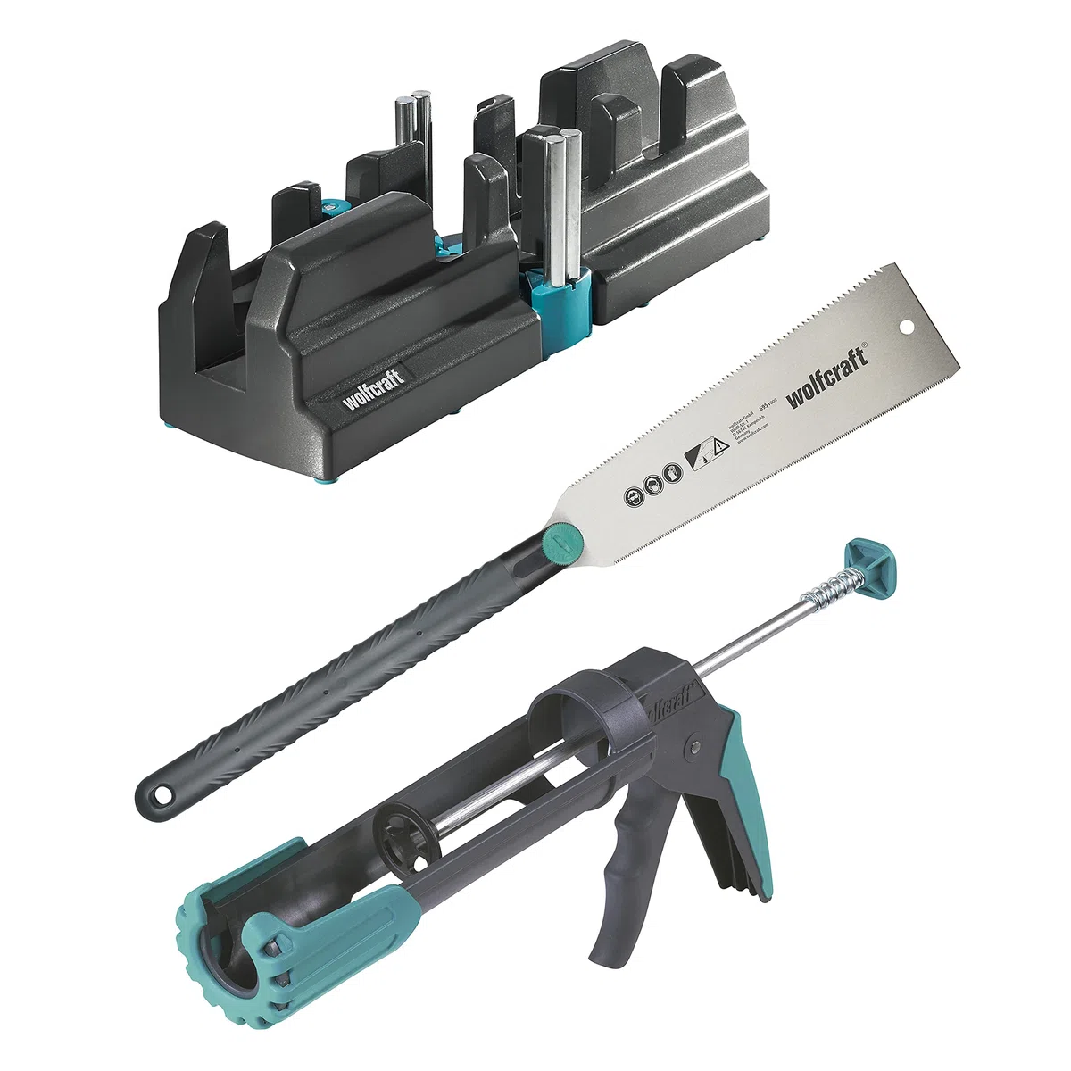wolfcraft Kit Fissaggio Battiscopa, Set 3 Pezzi con Rapportatore Angolare e Tagliacornici 2 in 1, Sega Giapponese per Battiscopa e Pistola per Silicone MG 200 – 6977000