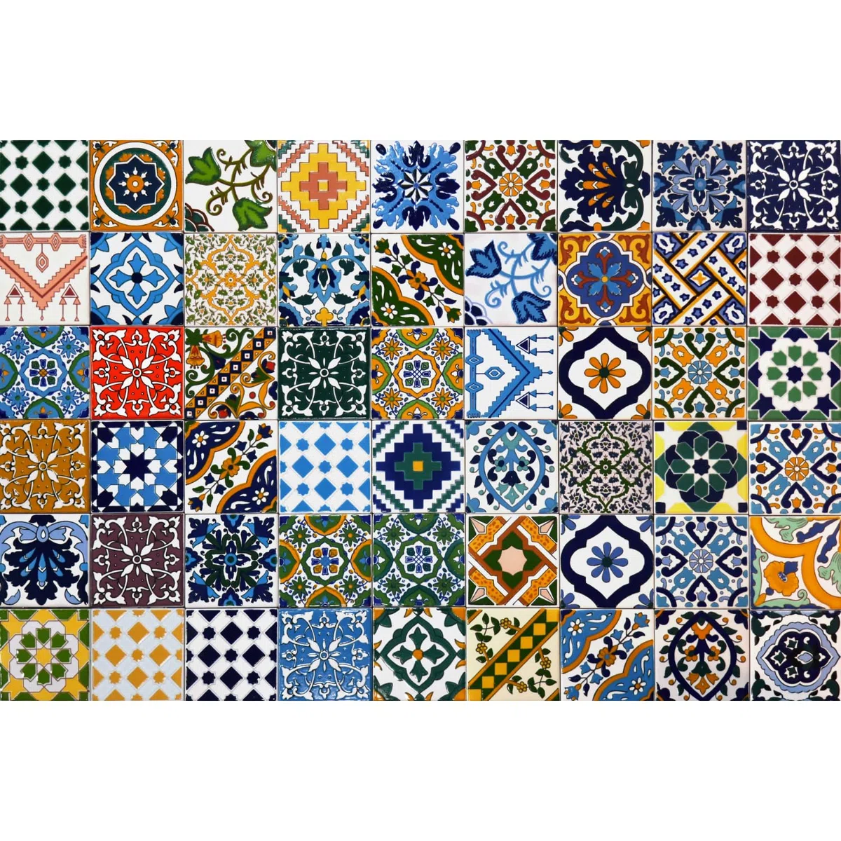 54 Mattonelle Tunisine MISTE in ceramica smaltata. Pacco decorate 10x10 cm spessore 0,6 cm - realizzate con Serigrafia Artigianale. Adatte a rivestimento (Rainbow Colors)