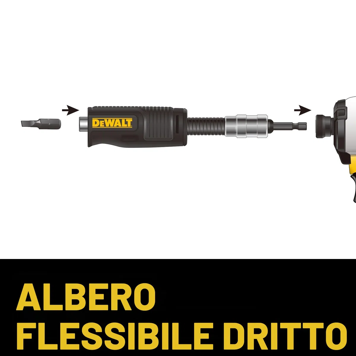 DEWALT Adattatore per trapano ad angolo retto, FlexTorq, sistema 4 in 1, compatto, albero flessibile dritto, 30,5 cm (DWAMRASETFT)
