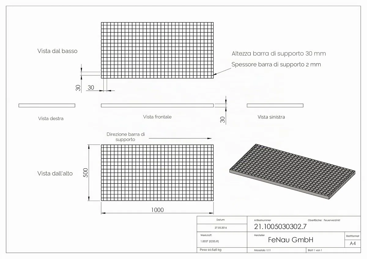 Fenau | Griglie industriali Dimensioni: 1000 x 500 x 30 mm (MW: 30/30 mm) - Spessore materiale: 2 mm - Carico ruota: 1,52 kN/Carico superficiale (m²): 7,84 kN
