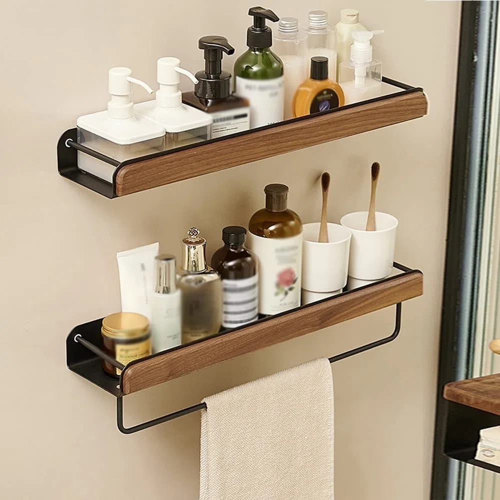 Mensola per Doccia, Mensola da Bagno in Noce, Mensola Organizer, Mensole Sospese, Mensola Rettangolare a Parete, Multifunzionale, Bagni, Cucine, Camera da Letto, con Portasciugamani, Portaogg