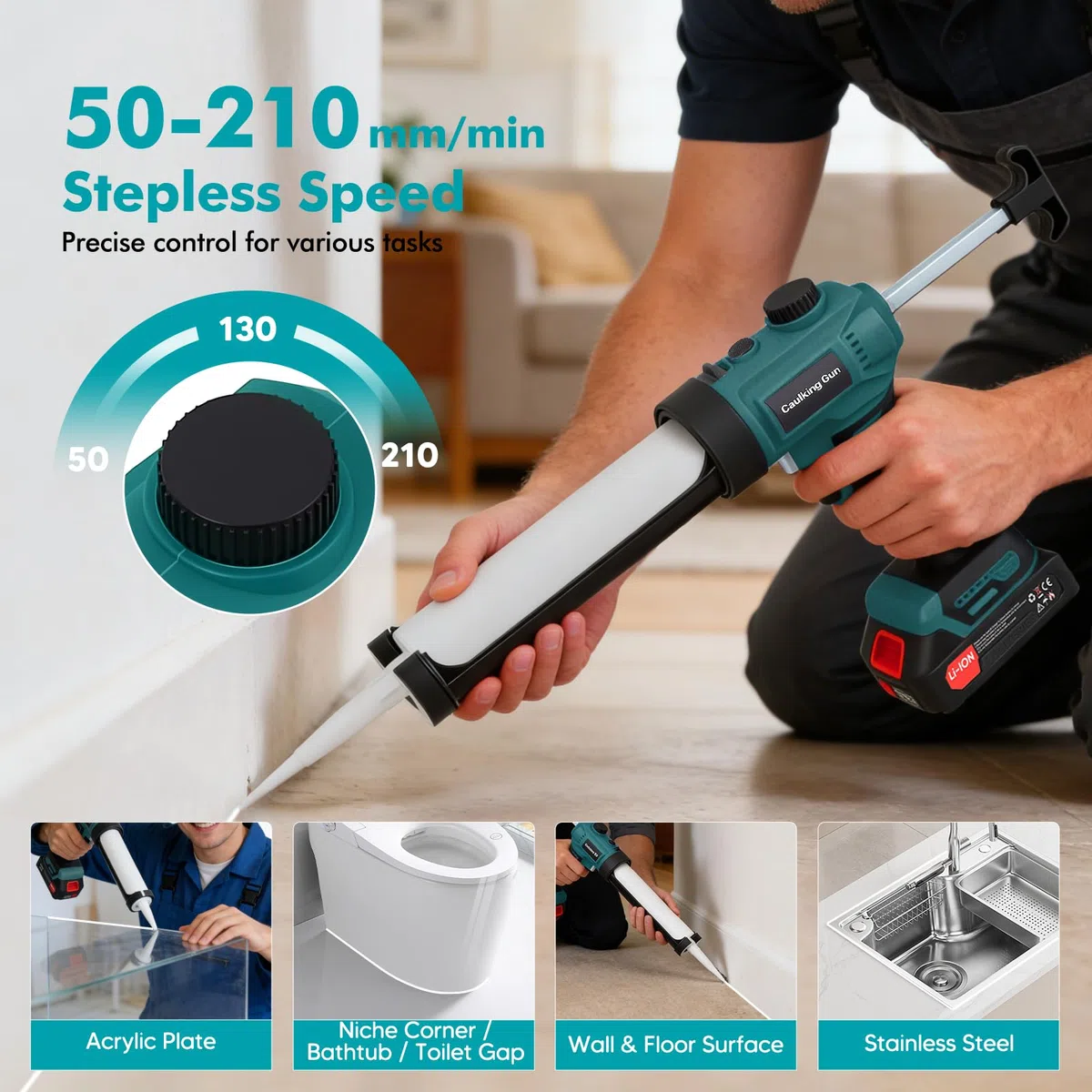 Pistola Silicone a Batteria, 300ML Pistola a Cartuccia Elettrica con Velocità Regolabile 50-210 mm/min, Pistola per Silicone a Batteria con 2 Batterie da 2,0 Ah, Luce LED, Antigoccia per Sigillatura