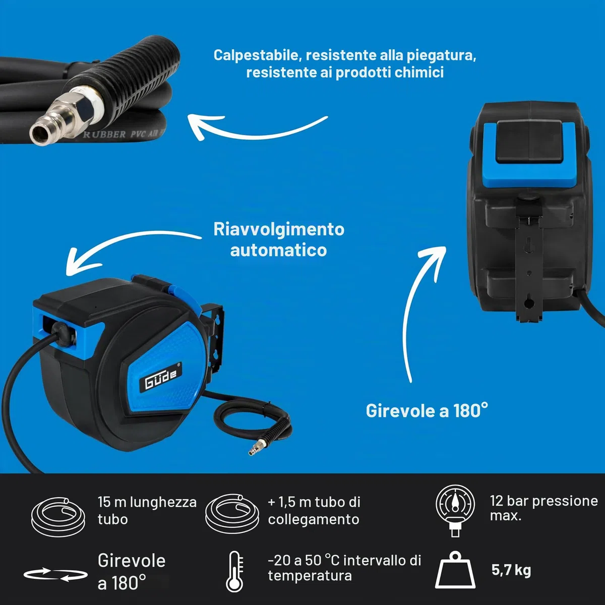 Güde 2882 - Avvolgitubo automatico, 15 m (12 bar max. pressione di lavoro, diametro interno 9,5 mm, spessore parete 3 mm)