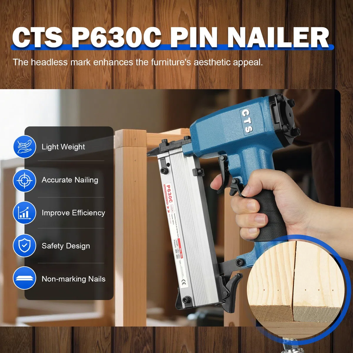 P630C Chiodatrice pneumatica per microchiodi senza testa calibro 23 da 12 a 30 mm con doppio grilletto di sicurezza per mobili armadi e decorazione interna