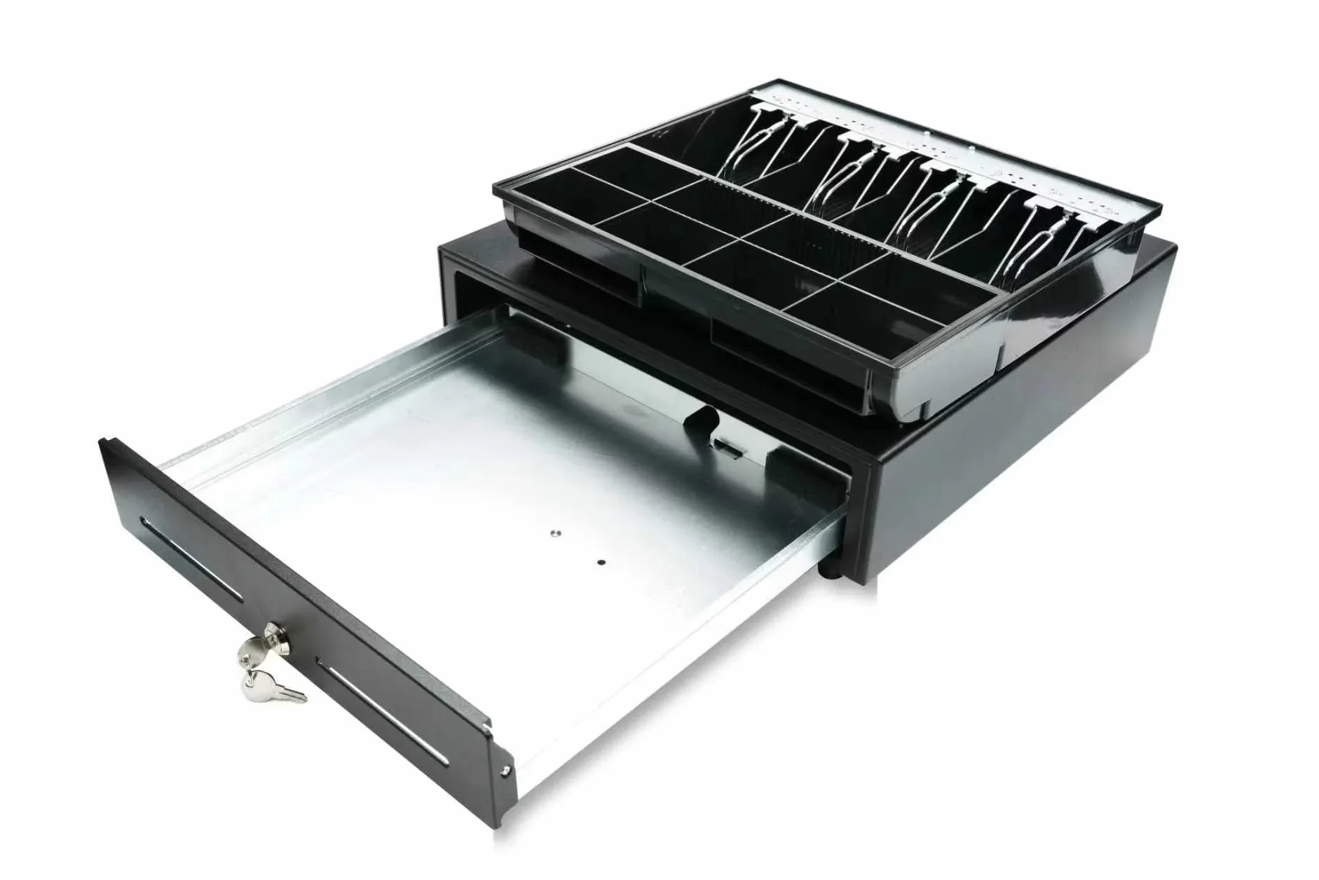 Cassetto Cassa Registratore - Cassetta Porta Soldi 4 Scomparti Banconote 8 Monete - Apertura Automatica RJ11/RJ12 Manuale con Chiave - Guide Metalliche - Registratore di Cassa - 41x41,5x11,5cm - Nero