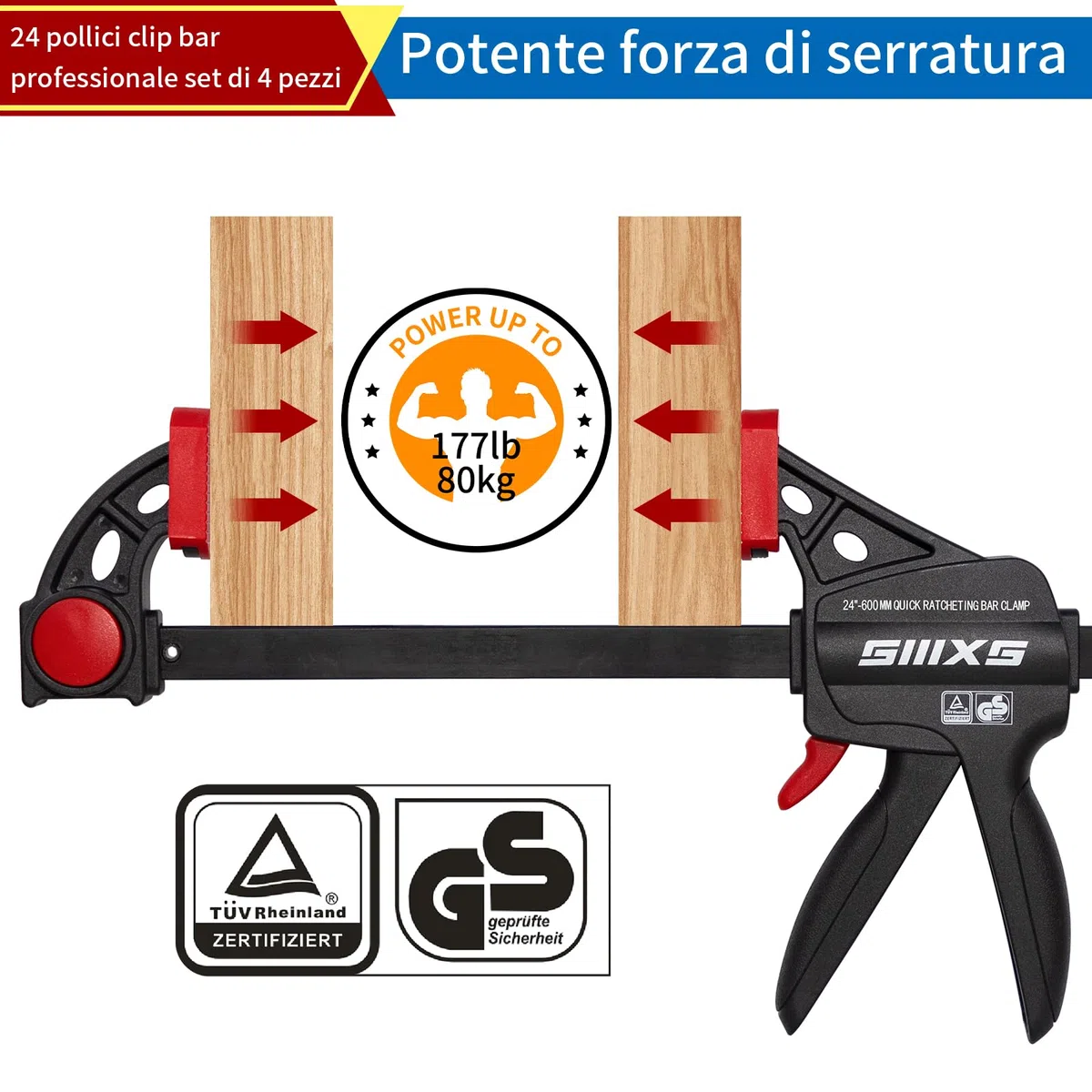SIIIXS Morsetti da Falegname 4 Pezzi, Set di Morsetti per Legno a sgancio rapido da 609 mm per il Serraggio e l'allungamento, Morsetti a barra Serraggio 80 kg, Con certificato GS