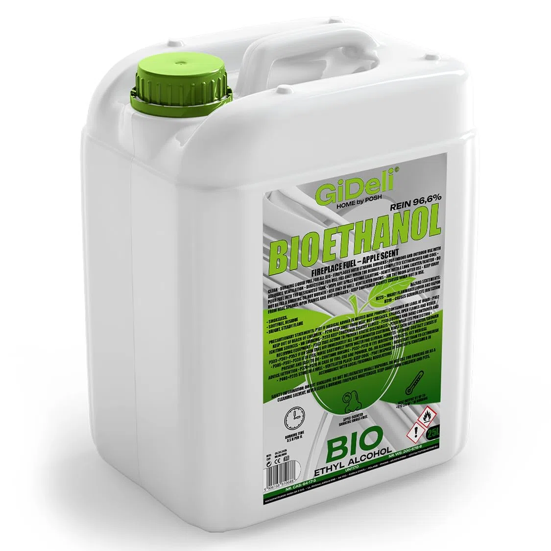 GiDeli Bioetanolo, profumo di mela, 25 l, 96,6% etanolo, per camini interni ed esterni, senza fumo e fuliggine, da mais e barbabietola da zucchero