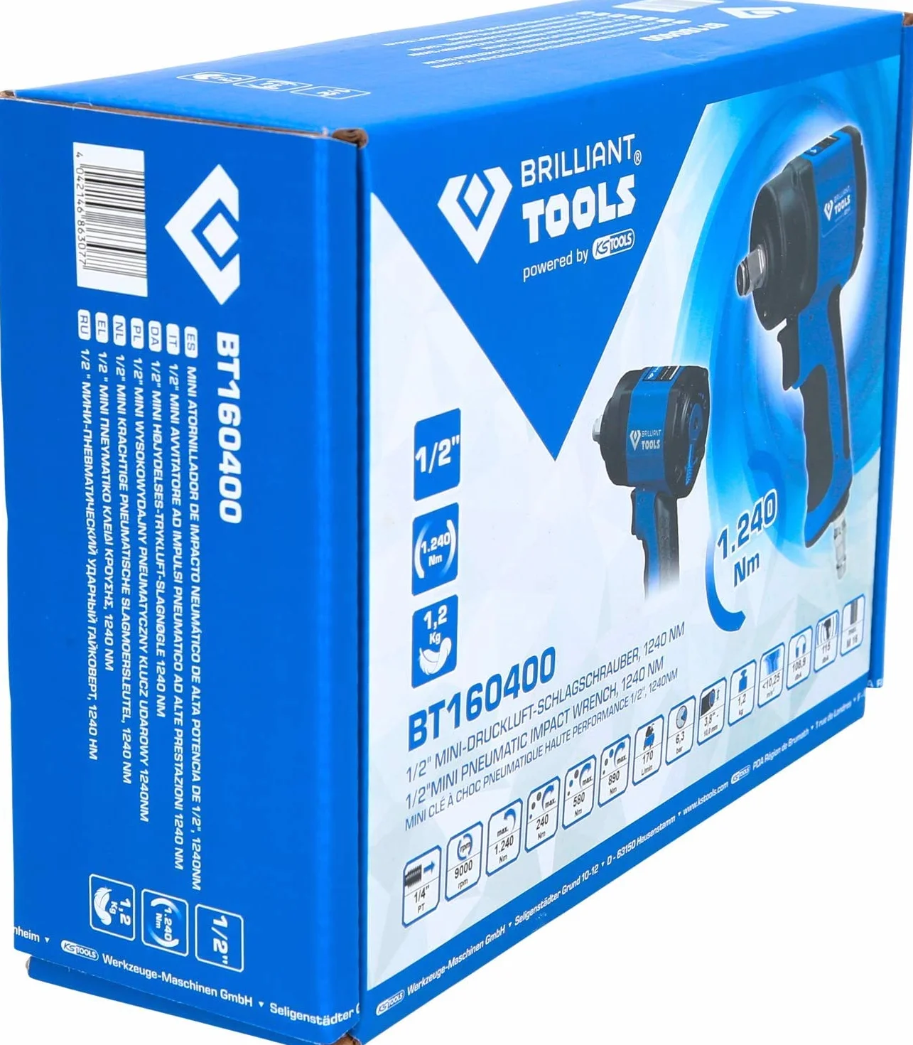 Brilliant Tools BT160400 1/2" Mini avvitatore ad impulsi ad aria compressa, 1.240 Nm