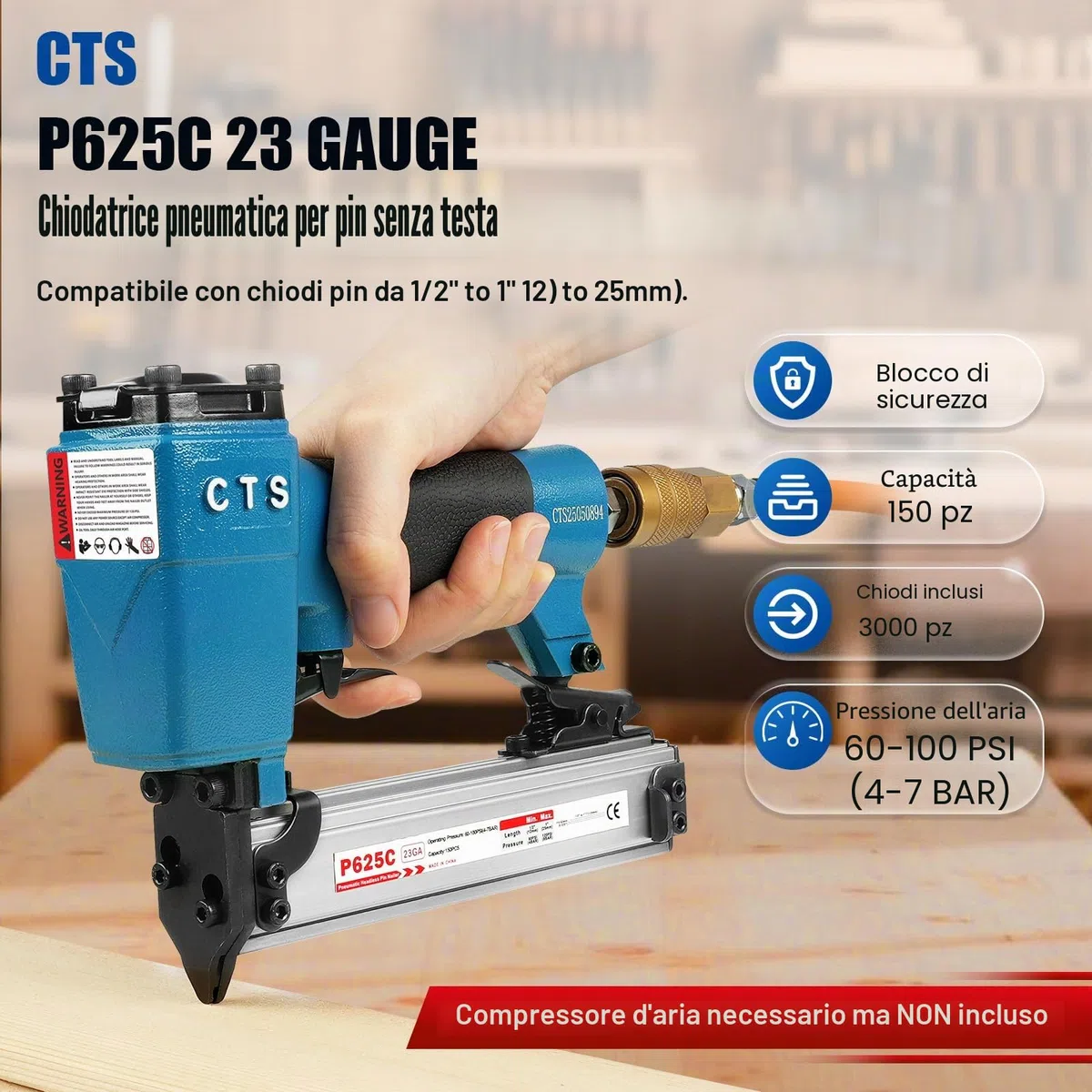 P625C Chiodatrice pneumatica con perni da 23 gauge e 3000 perni inclusi, chiodatrice pneumatica senza testa con blocco di sicurezza, adatta per perni da 1/2'' a 1'' (12 a 25mm), micro