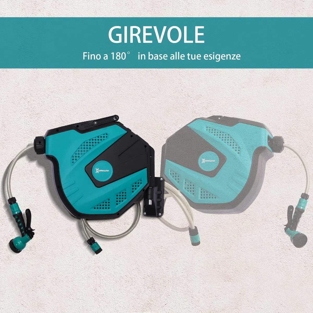 DURHAND Avvolgitubo da Giardino Retrattile con Tubo dell'Acqua 15m, Avvolgitubo da Parete Girevole a 180°, Avvolgitubo Automatico con 7 Modalità di Irrigazione e Kit di Montaggio, Nero e Verde