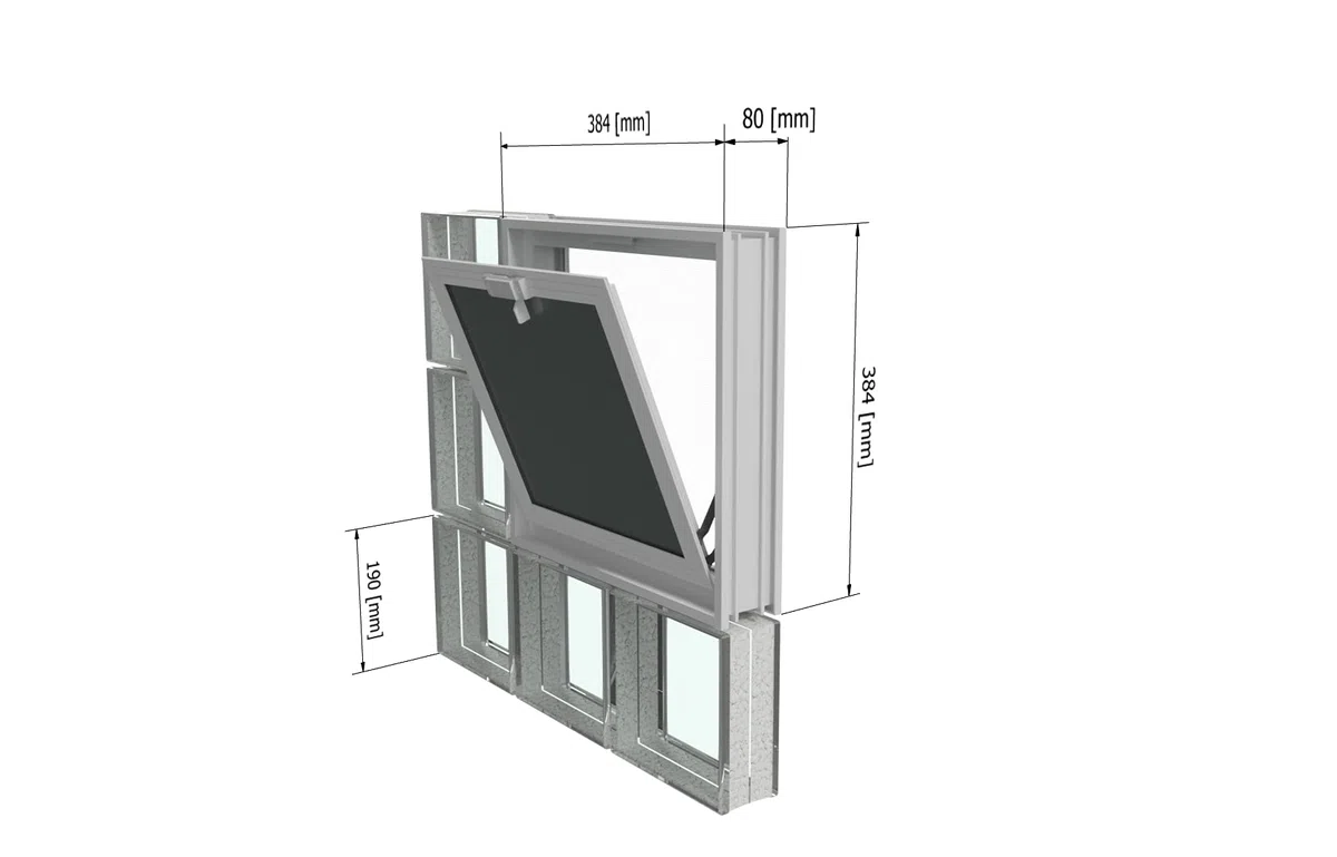 Finestra di ventilazione da inserire in una parete di vetromattoni o muratura | Dimensioni cm 38,4X38,4X8 | Unità di vendita 1 finestra