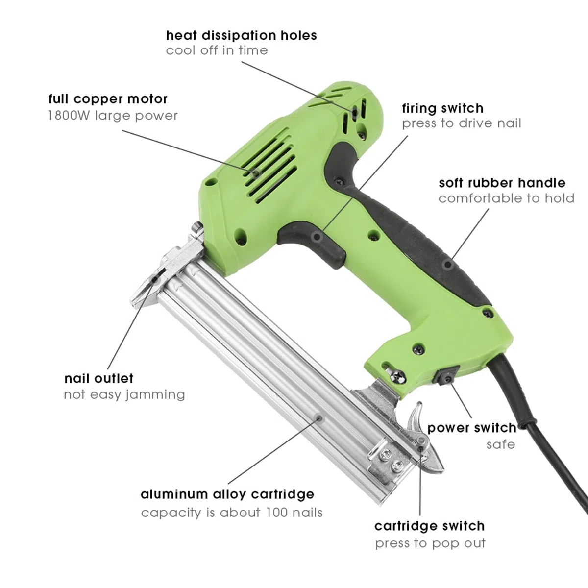 Brad Chiodatrice, Pistola Sparachiodi Elettrica 1800 W Capacità 100 Chiodi Lunghezza Chiodo 30 Mm, Graffatrice Elettrica Ergonomica per Tappezzeria Leggera, Legno, Carpenteria