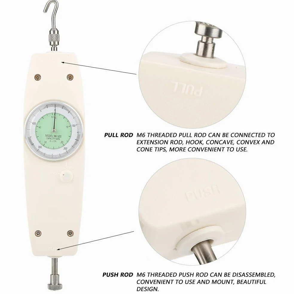Shopping Pazzo Dinamometro Traino Spinta, 500N dinamometro analogico misuratore di strumento tester di spinta push pull meter calibro, bianco