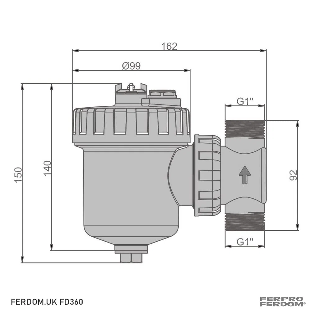 FERDOM FD360 Filtro Defangatore Magnetico. Per Sistemi Riscaldamento, Solare, HVAC. Con Separatore Di Sporco Non Magnetico. Per tubi verticali e orizzontali. Magnet 9000 Gs. Dim.1 "/ DN25. Per 24-30kW