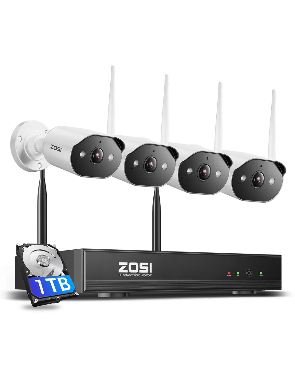 ZOSI 2K Kit Telecamere di Sorveglianza WiFi6, Registratore NVR 8CH 8MP e HDD 1TB con 4 Telecamere IP di Sicurezza per Esterni, Visione Notturna a Colori, Rilevamento Persone, Audio Bidirezionale
