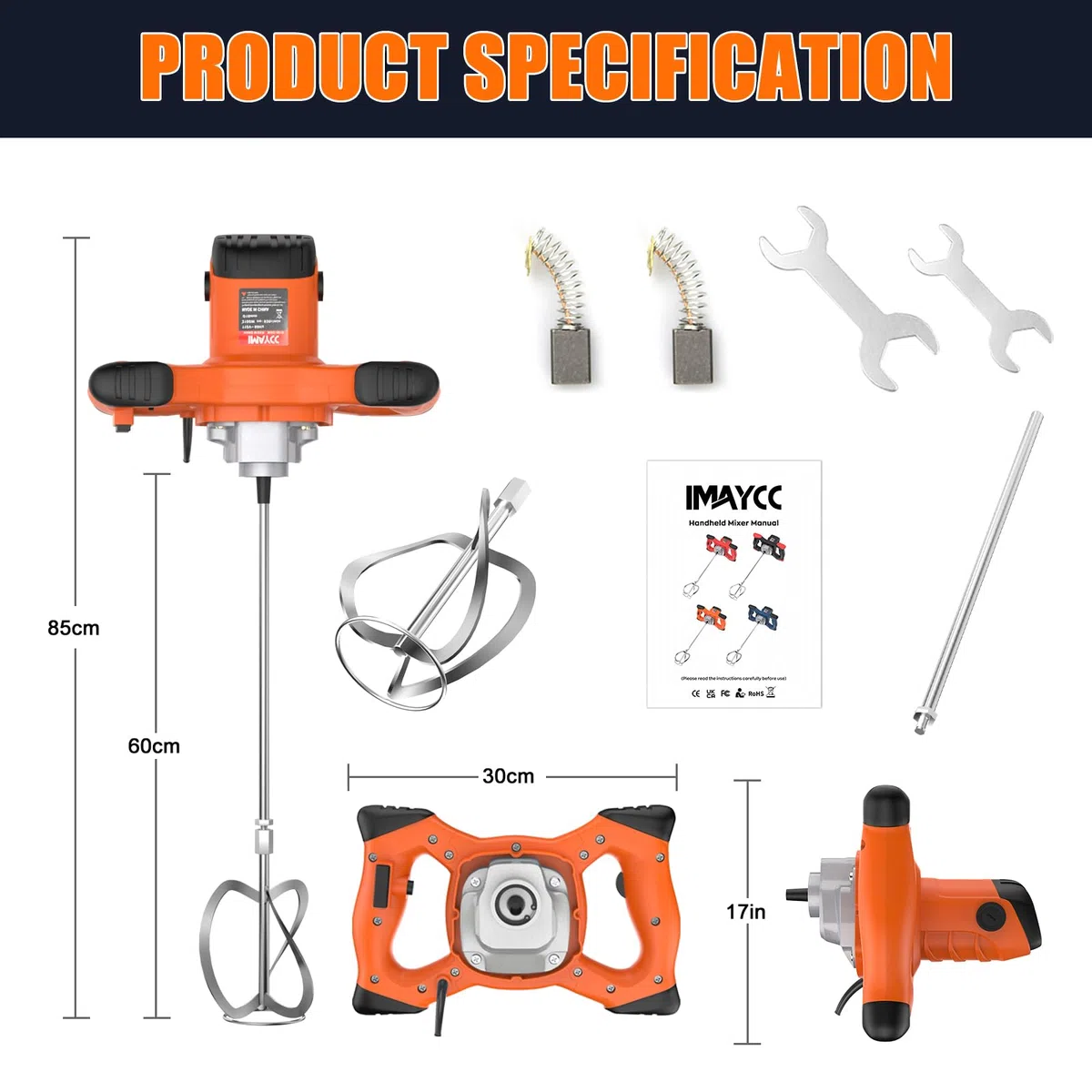 Trapano Miscelatore Elettrico 2100W, Miscelatore per Malta e Cemento Portatile, Agitatore M14 Regolabile, Frusta Professionale per Vernice, Boiacca, Malta,Cemento e Foraggio,Calcestruzzo(Arancione)