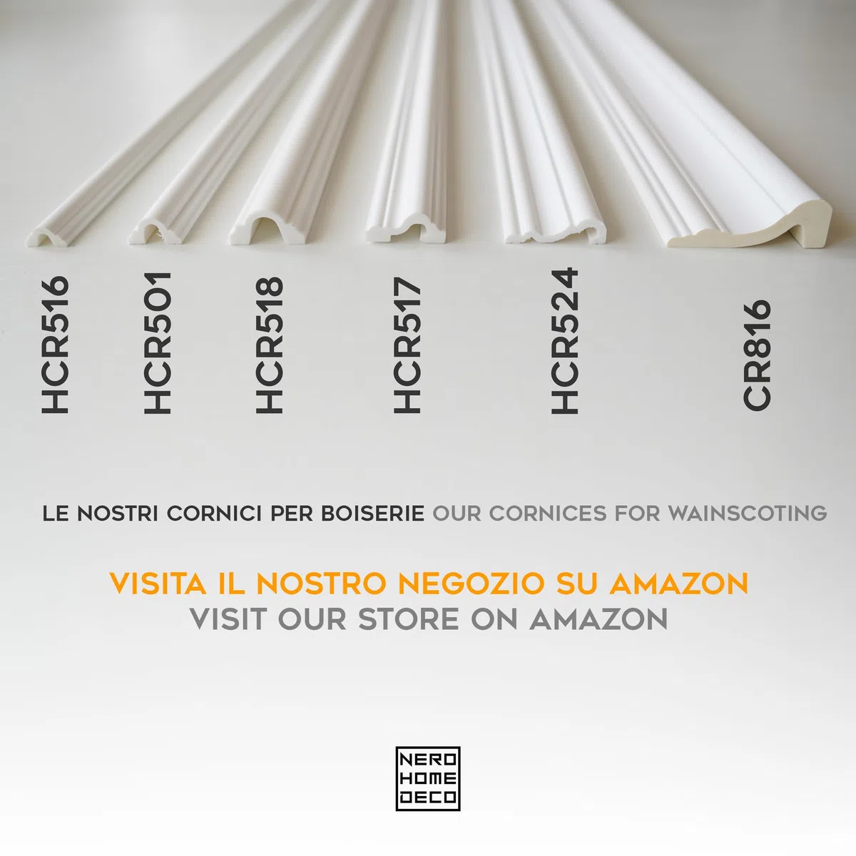 Cornici boiserie per parete, 12 metri di profilo decorativo 3d, in duropolimero bianco rigido(meglio del polistirolo e gesso), da applicare a muro, 12 pezzi da 1 metro (HCR 501)