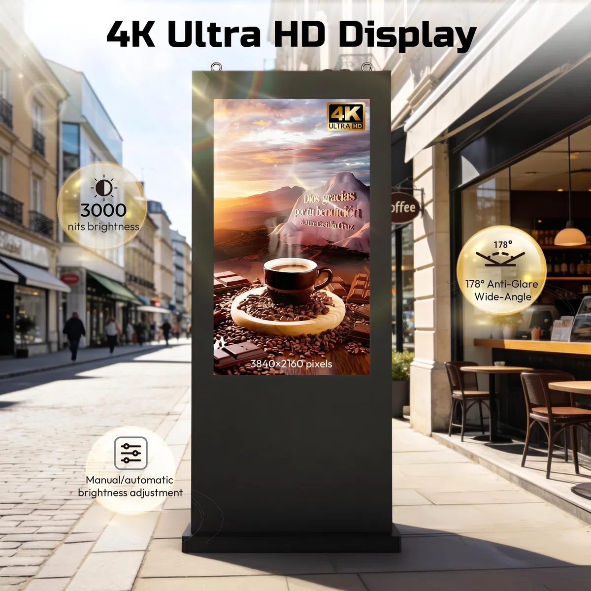 4K Totem Pubblicitario da Esterno, IP66 Impermeabile&3000 Nits,LCD Digital Signage con Luminosità Automatica,Remote CMS,WiFi/HDMI/USB,Totem Display Digitale per Ristorazione Retail (43 Pollici)