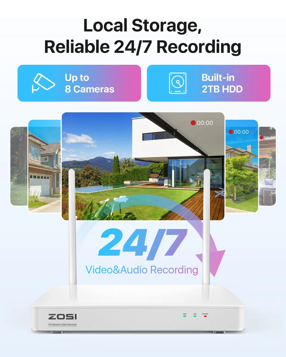 ZOSI 4MP Kit Videosorveglianza WiFi Esterno, 6X Telecamera Bullet, H.265+ 8CH 2TB NVR, Visione Notturna a Colori, Rilevazione di Persone, Audio Bidirezionale, Allarme Intelligente