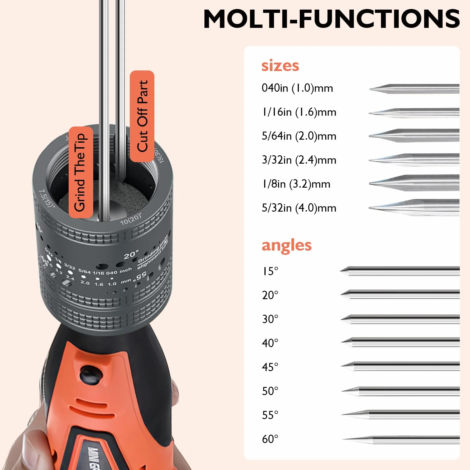 Elettrodi di Tungsteno TIG Rettificatrice Smerigliatrice, Set di affilatrici per elettrodi in tungsteno per saldatura TIG, 6 misure, 8 angoli, con 10 Titanio Rivestito Diamante Mole e 3 Mandrini CNC