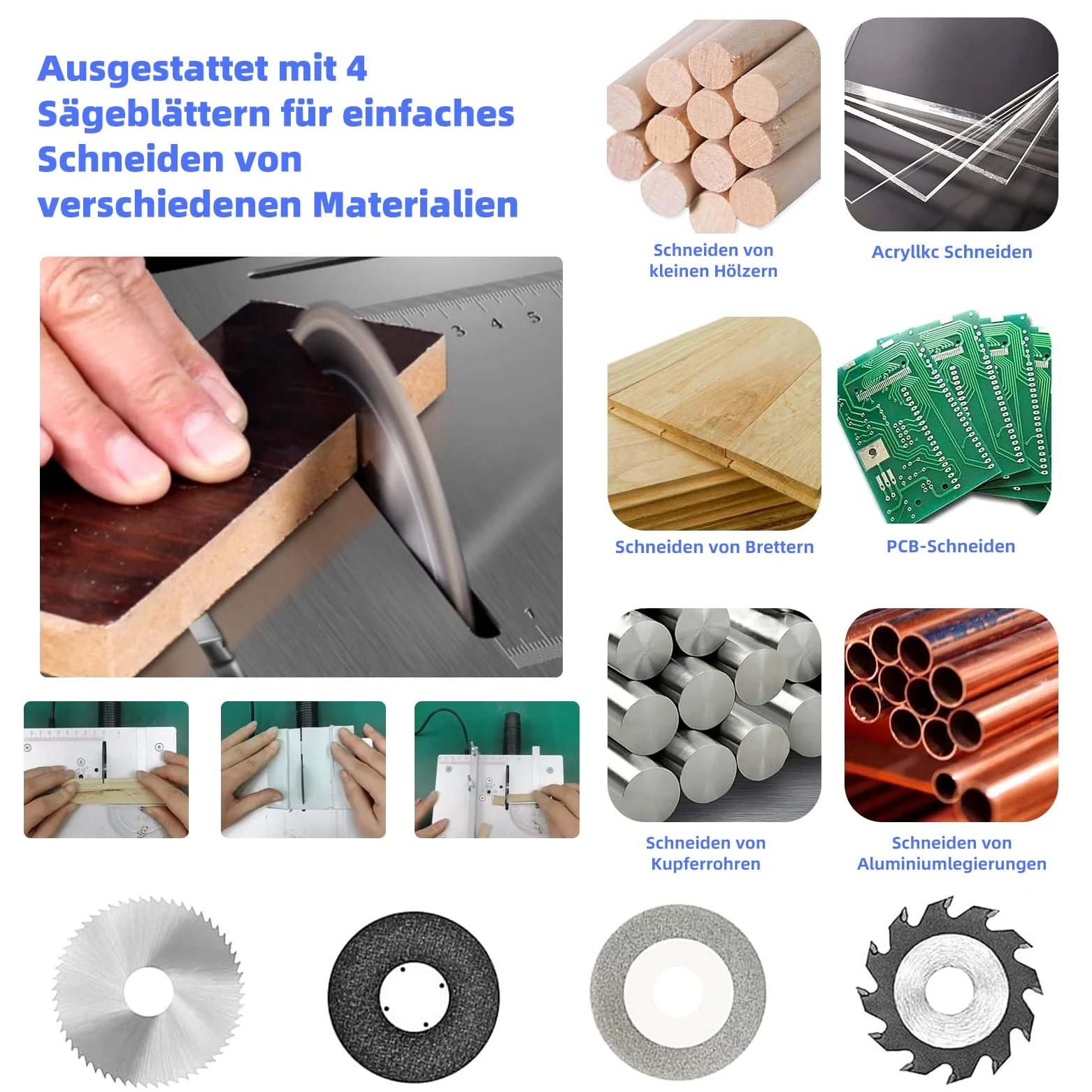 Mini sega circolare da tavolo, alimentatore di rete a 7 velocità, precisione regolabile, con 4 lame, 96 W, sega circolare da tavolo, lama da 0,1 – 15 mm, regolabile in altezza e linguetta di sicurezza