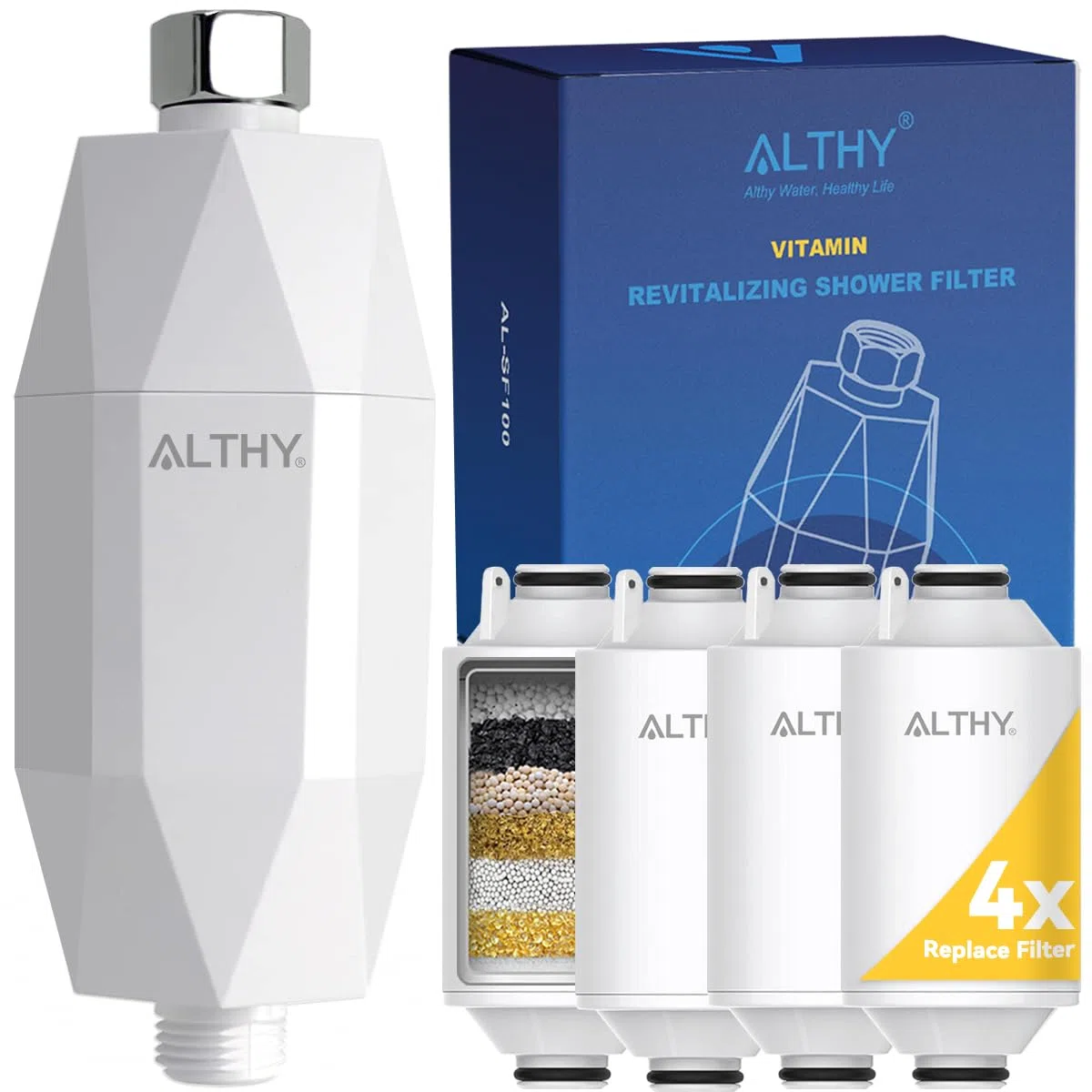 ALTHY Vitamina C Rivitalizzante Filtro Doccia, Riduce cloro, Metalli Pesanti e Ammorbidisce l'acqua Dura - Previene Pelle Secca e Pruriginosa, Caduta dei Capelli e Forfora (Include 4 Filtri)