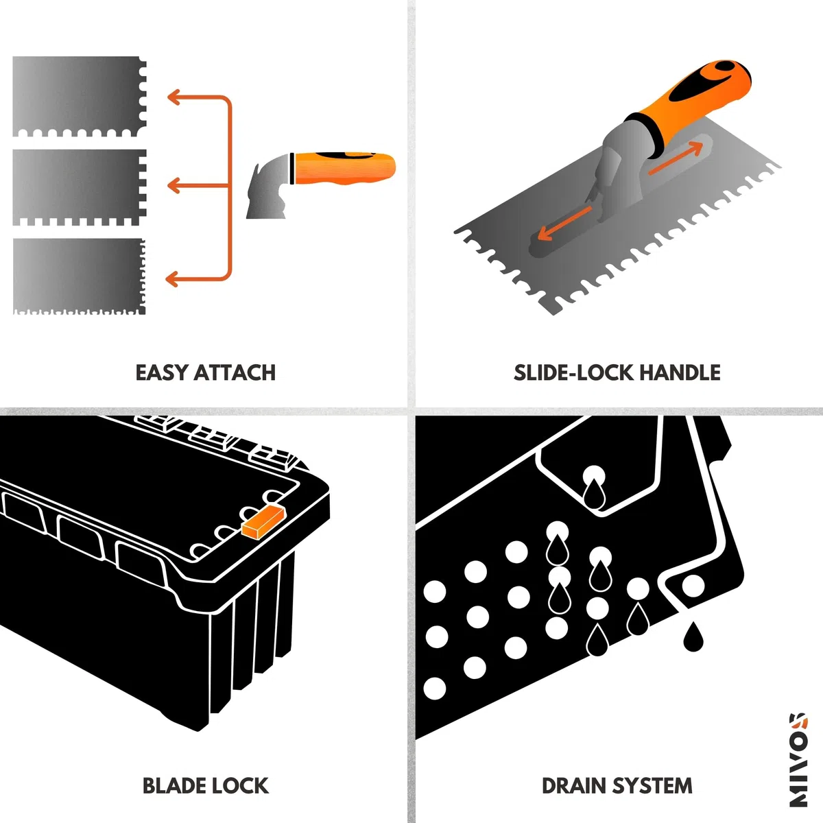 MIVOS Set di Frattazzi con manico staccabile e scatola per il trasporto - 6, 8, 10, 12 mm, Tipo U, tipo Tiger - 6 Frattazzi dentati - Frattazzi in acciaio inox con impugnatura morbida - Cazzuola
