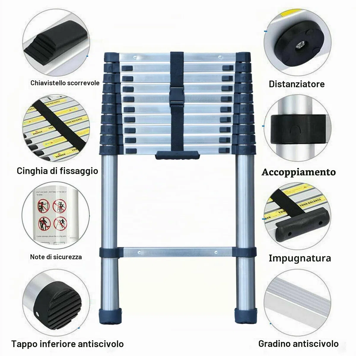 Scaletta telescopica pieghevole da 3,2 m, scala telescopica in 13 ripiani, antiscivolo, scala telescopica da 79 cm a 3,20 m, portata massima: 150 kg