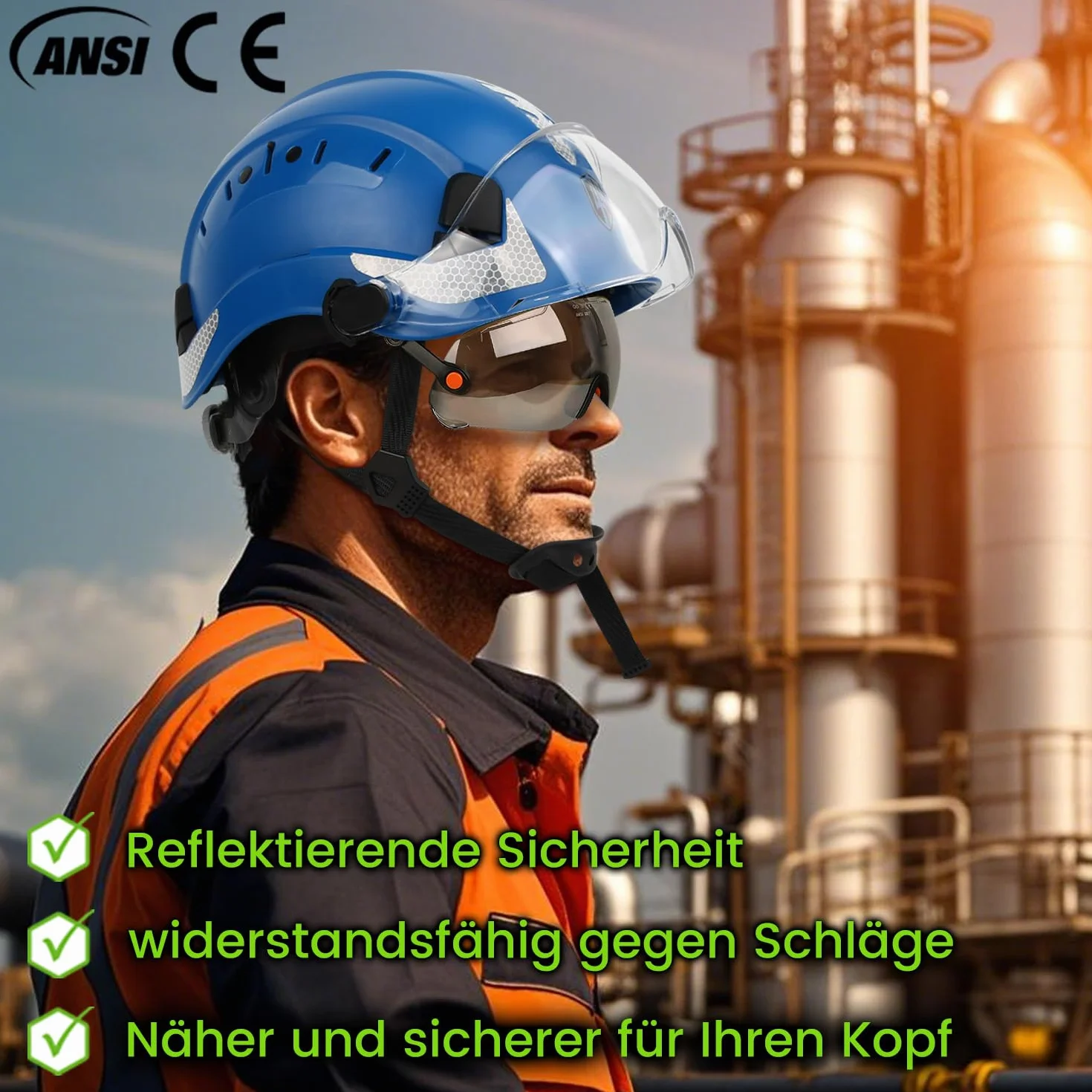 GREEN DEVIL Casco protettivo industriale certificato EN397 & EN166 con visiera colorata + trasparente, casco di sicurezza con doppia visiera per costruzione, artigianato e industriale, casco di