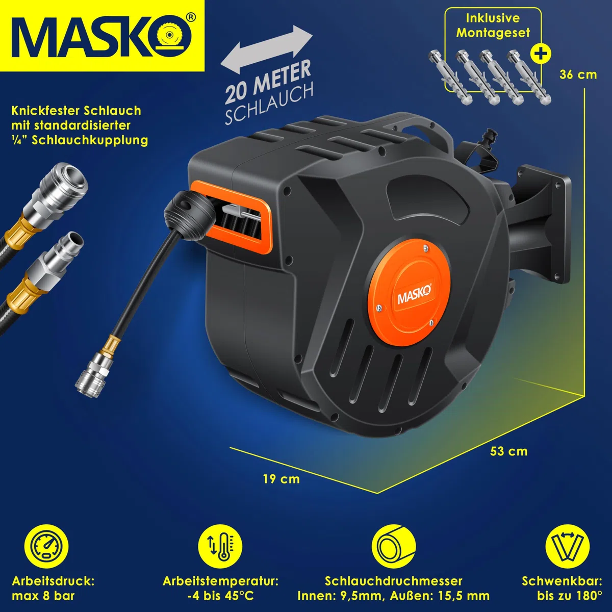 MASKO® Avvolgitore per tubo ad aria compressa automatico Attacco 1/4 - Avvolgitubo Portatubo a muro Avvolgitore per tubo Avvolgitore per tubo ad aria compressa, blu, 10m