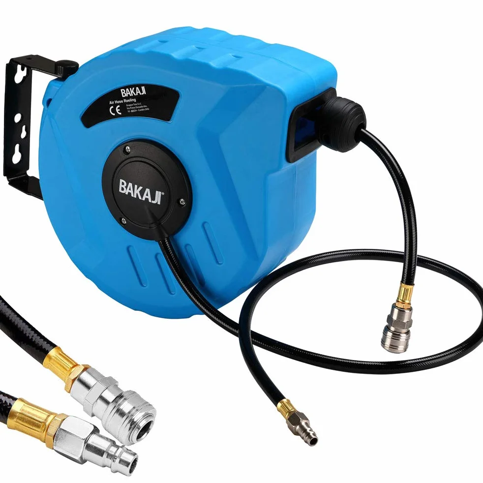 Bakaji Avvolgitubo Aria Compressa con Tubo 10 mt Attacco 1/4" Fissaggio a Parete Muro Sistema blocco automatico, Salvaspazio Accessorio Compressore Aria compressa Pressione Max 12 Bar