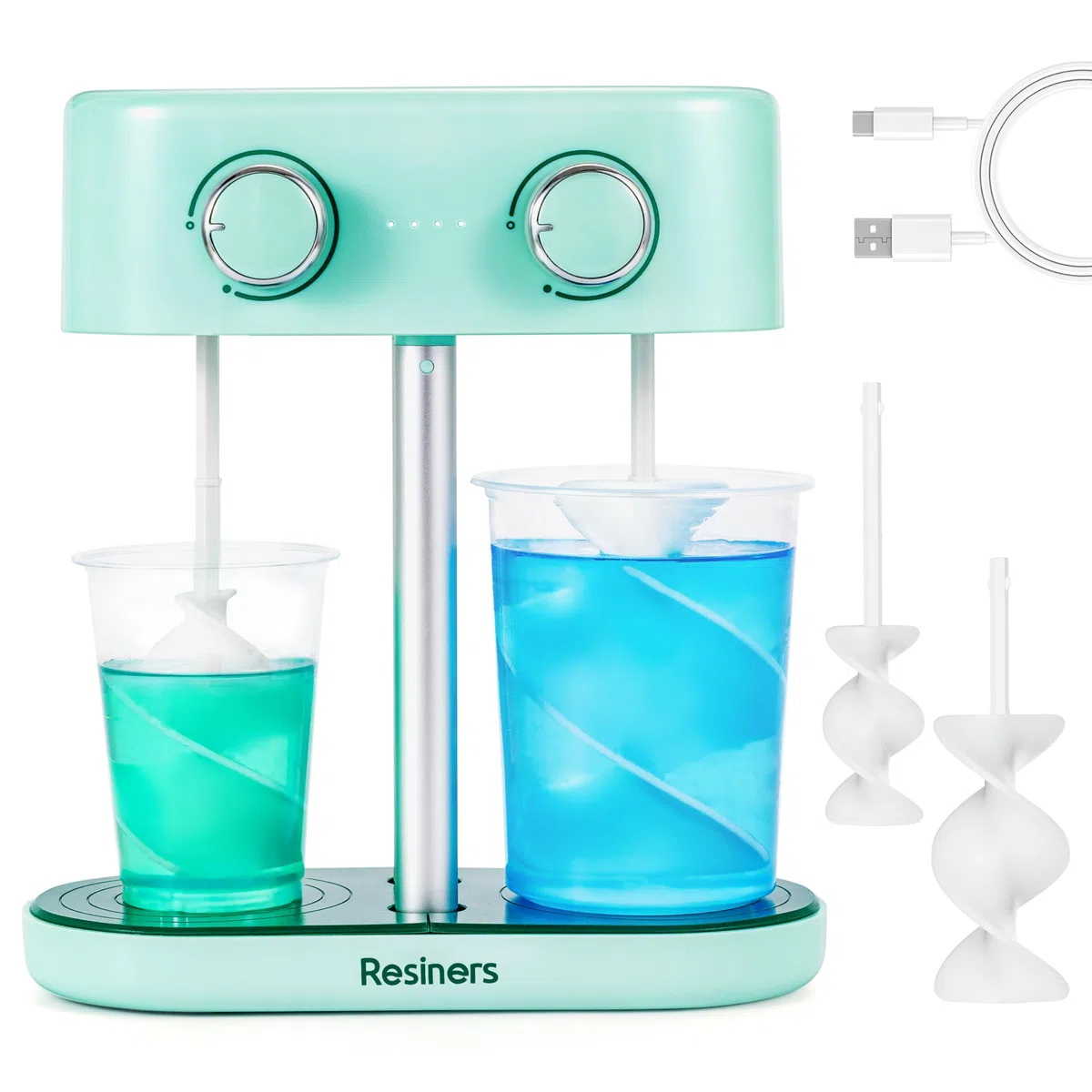 Resiners Miscelatore di Resina a Doppia Testa, Miscelatore di Epossidica Ricaricabile, velocità Continuamente Variabile e Minime Bolle, Palette Elettriche a Spirale in Silicone per Miscelazione