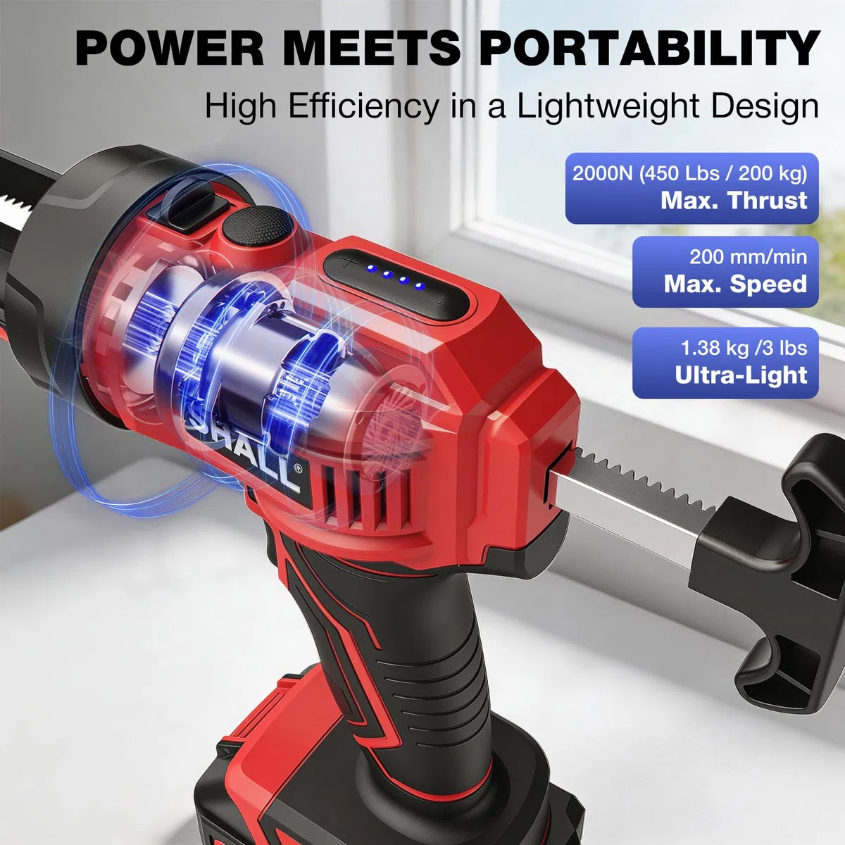 SHALL Pistola per sigillante senza fili, pistola elettrica per sigillante da 21 V con luce LED, 4 velocità regolabili, design antigoccia, compatibile con cartucce da 300 ml per sigillare e riempire