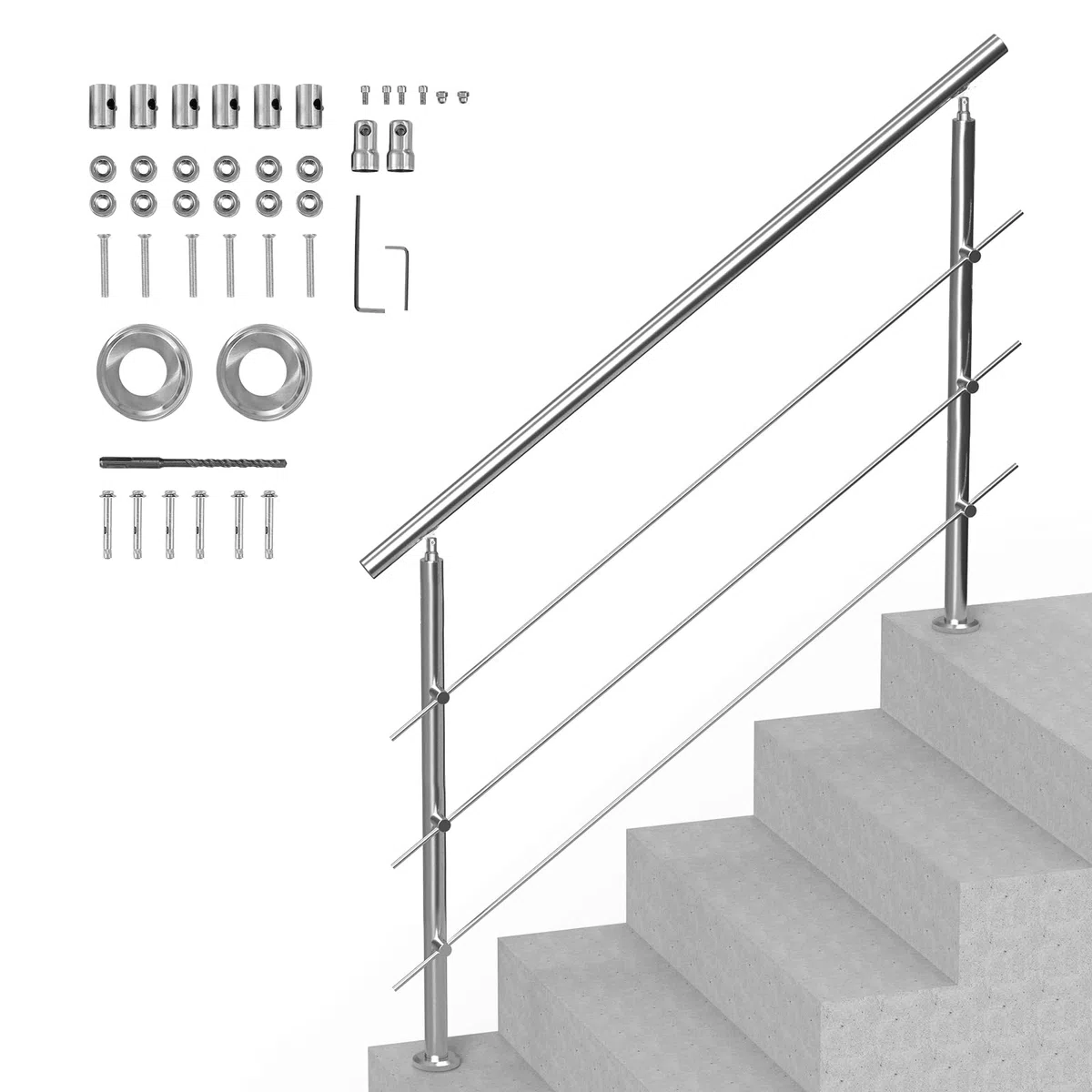 VEVOR Corrimano per Gradini Esterni, Kit Corrimano per Scale 3 Traverse 150 cm Lunghezza, Ringhiere Transizione Acciaio Inox Kit Installazione, Corrimano Scale Doppia Colonna per Veranda e Terrazza
